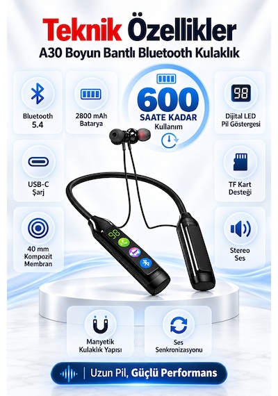 A30 600 Saat Pil Ömürlü Boyun Bantlı Kablosuz Bluetooth Kulaklık Kart Girişli Game Modlu