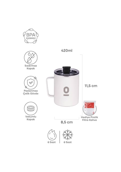 Paslanmaz Çelik Beyaz Metal Kupa 420 ML Vakum Kapaklı Isı Yalıtımlı No:90