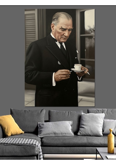 Kahve İçen Atatürk Fotoğrafı Dekoratif Kanvas - Mdf Ahşap Tablo