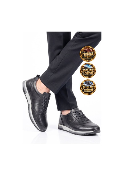Castle Black Siyah Hakiki Deri Bağcıklı Erkek Casual Sneaker Ayakkabı 42172