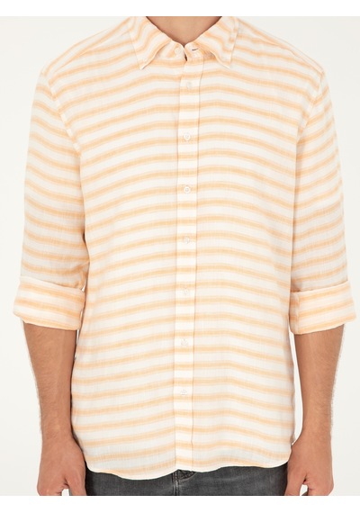 Cacharel Turuncu Keten Karışımlı Slim Fit Uzun Kollu Gömlek