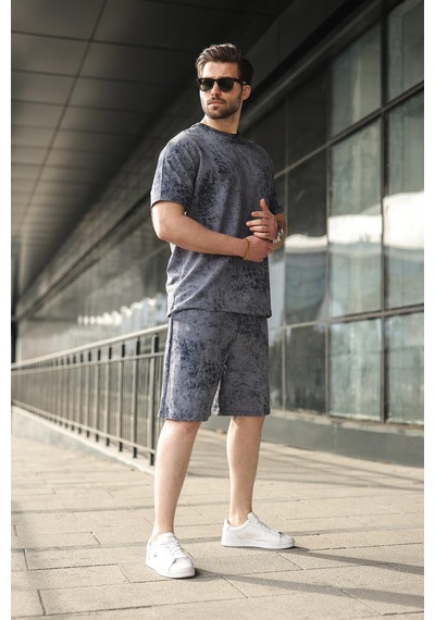 Madmext Lacivert Batik Desenli Overfit Şort T-shirt Takım E7357 Lacivert