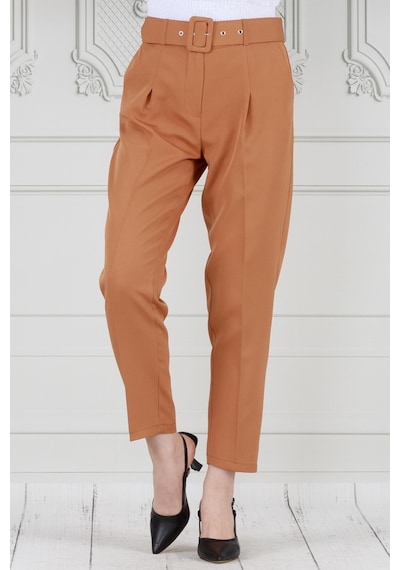 Sevitli Beli Kemerli Pileli Kalem Pantolon-camel-3683-camel Camel