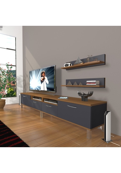 Decoraktiv Eko 220r Mdf Krom Ayaklı Tv Ünitesi Tv Sehpası Ceviz - Antrasit