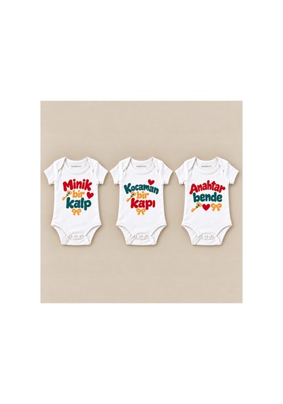Babylimon Kalbin Anahtarı Üçlü Beyaz Kısa Kollu Bebek Zıbın Seti Beyaz - 930083754 Beyaz