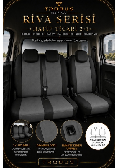 Citroen Berlingo 2004-2018 Uyumlu Riva Serisi 2+1 Ticari Füme Siyah Ortopedik Koltuk Kılıfı