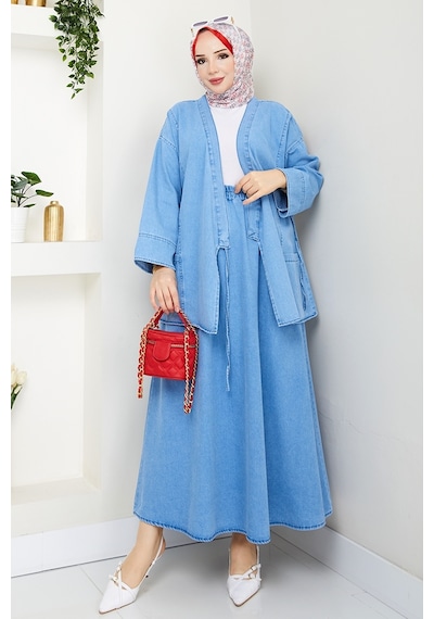 Bestenur Kimono Etek İkili Kot Takım 1531 - Açık Mavi Açık Mavi