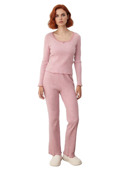 Ersefa Kadın Çizgili Kaşkorse Pijama Takımı Dantel Detaylı Fonksiyonel D Pembe