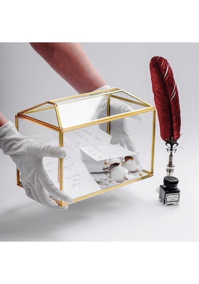 26x19x15cm Pirinç Gold Geometrik Kapaklı Teraryum Prizma Cam Fanus Kart Kutusu Yapımı Dekoratif