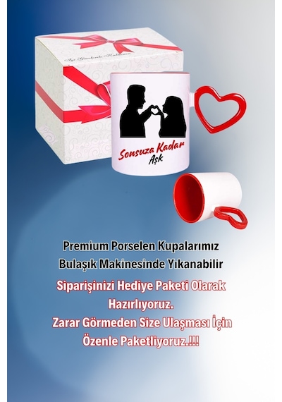 Sonsuz Aşk Baskılı Kalpli Kırmızı Kupa Bardak Çay Kahve Fincanı Beyaz