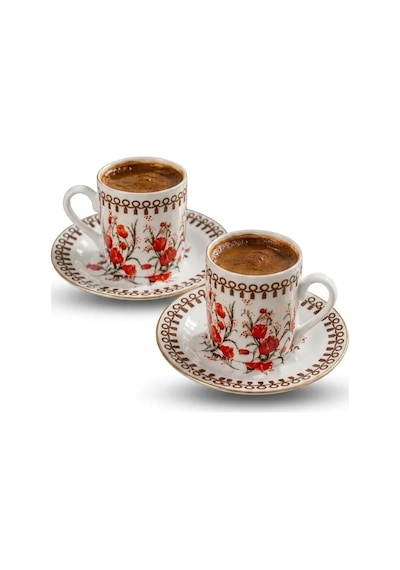 Çiçek Desenli Türk Kahvesi Fincan Takımı 2 Kişilik, Vintage Kahve Fincanı Seti Kiremit