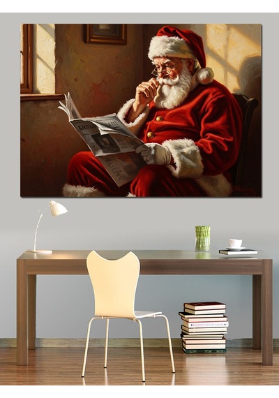 Gazete Okuyan Noel Baba Figürü Dekoratif Kanvas - Mdf Ahşap Tablo