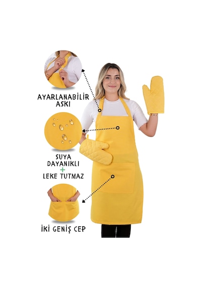 Simple 3lü Set Ayar Askılı Cepli Mutfak Önlüğü Seti 2 Eldiven Şef Garson Kafe Aşçı Barista Sarı