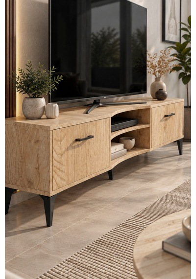 Sulorahome Bej Suntalam Tv Sehpası 160x35 Cm Sepet Desenli Ve Kapaklı