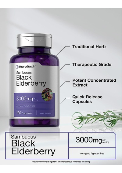 Horbaach Sambucus Black Elderberry 3000mg 180 Capsul.usa Me... Aromasız