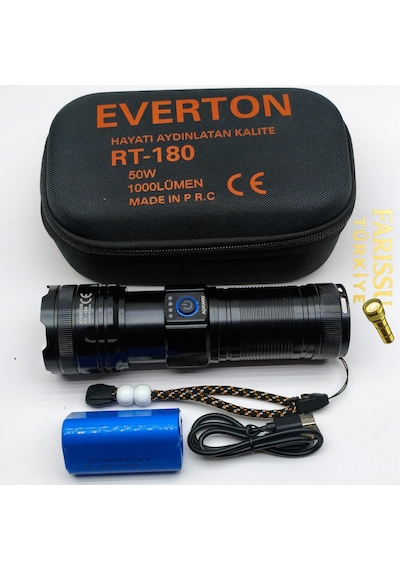Rt-180 1000 Lümen Yüksek Işık Güçlü El Feneri 50w Lazer Led & 6000mah Dev Batarya Siyah