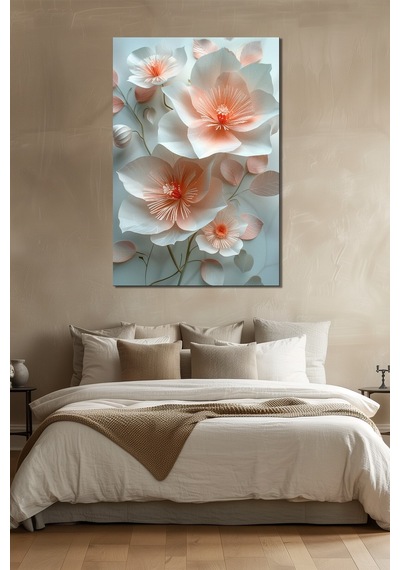Çiçek Baskılı Cam Tablo Pastel Tonlu Zarif Floral Dekoratif Duvar Tablosu