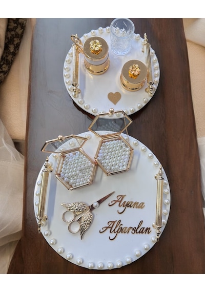 Heavenly Gold İncili Söz Nişan Tepsisi Krem