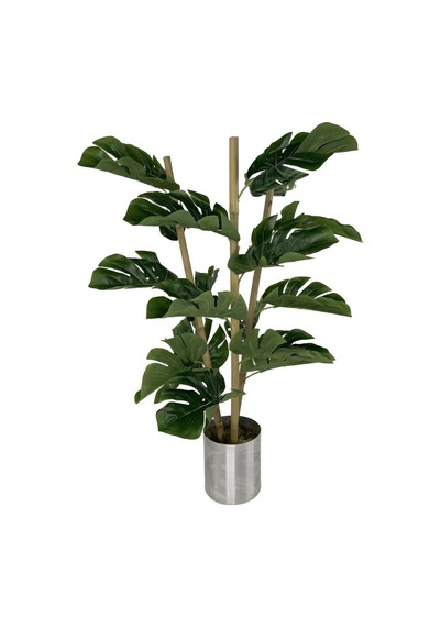 Yapay Çiçek Monstera Bambu Saplı Deve Tabanı Gümüş Saksılı Salon