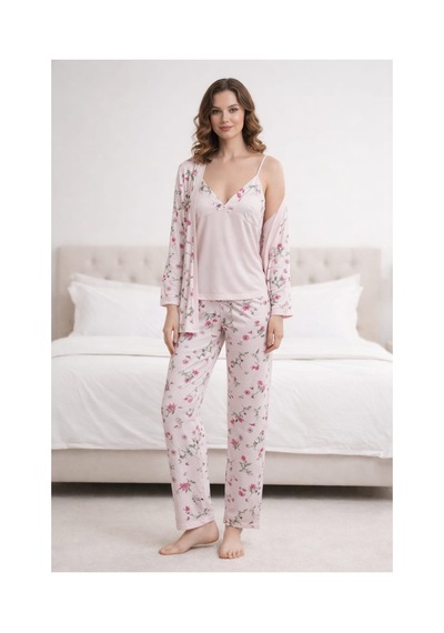 Pemilo Kadın 3376 3'lü Viscon Sabahlık Pijama Takımı PEMBE