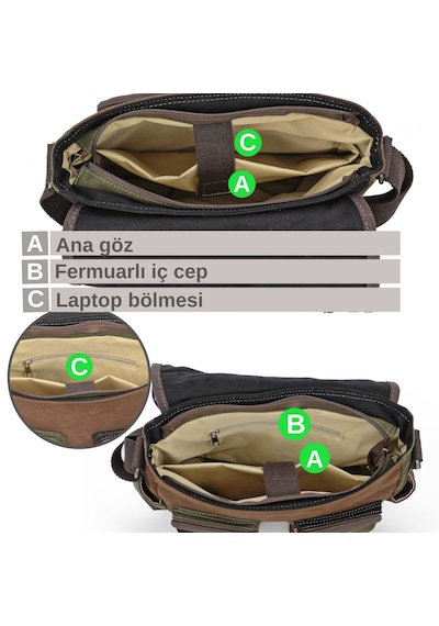 Cappadocia Vintage 4017 Haki Kahve 14" Laptop Pamuk Gabardin Postacı Okul Çantası Unisex Kilitli Çok Cepli Omuz Askılı Haki - Kahverengi