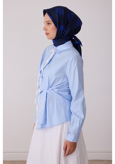 Belli Geometrik Desen %100 Twill İpek Eşarp Be27 Lacivert-saks