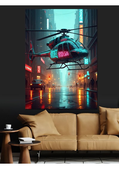 Ahşap Tablo Gece Şehri Ve Helikopter Figürü
