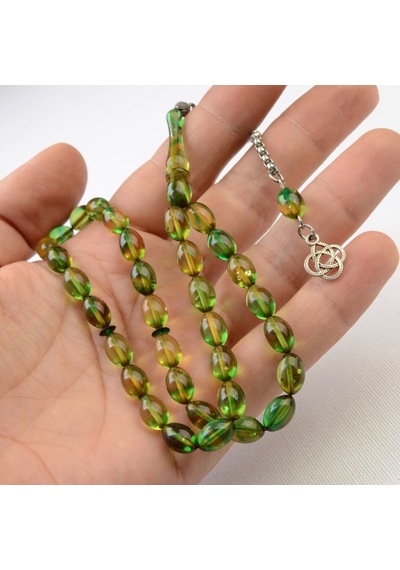 Arpa Kesim 11x7 Mm Ateş Kehribar Alpaka Püsküllü Tesbih Yeşil