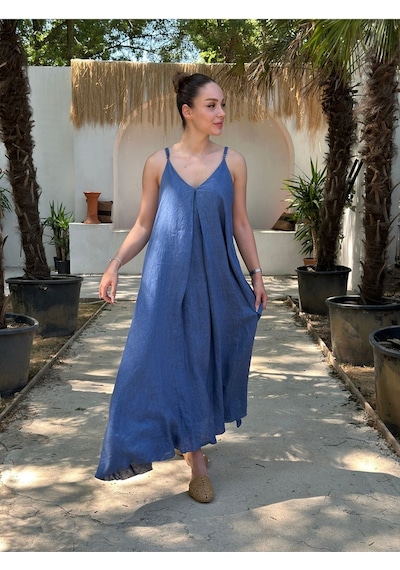 Yazlık Keten Askılı Oversize Elbise Mavi