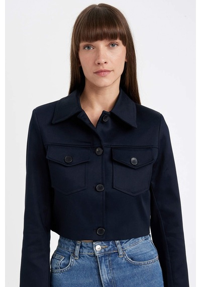 Defacto Crop Gömlek Yaka Düğmeli Cep Detaylı Blazer Ceket D4276AX24AU Lacivert