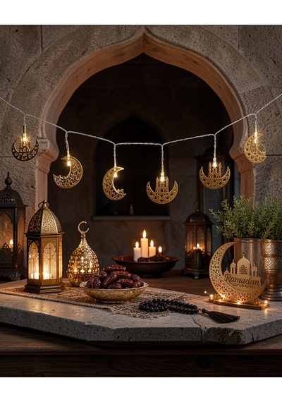 Minareli Hilal Led Işık Gold Metal 8 Çok Renkli