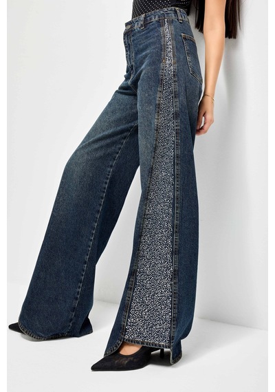 Itsbasic Kadın T.kot Rengi 2w49 Parlak Taş Detaylı Wide Leg Fit Tasarım Denim Jean Kırmızı