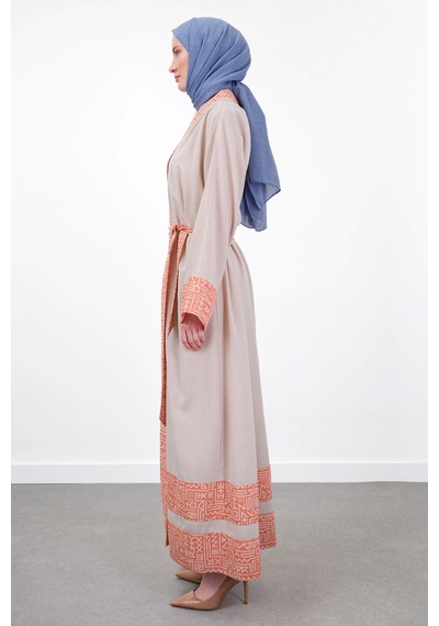 Pureva Garni Detaylı Kuşaklı Keten İkili Kimono - Bej/oranj Çok Renkli