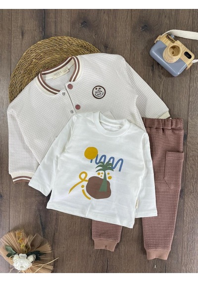 Bebicix Palmiye Baskılı Badili 3 Lü Erkek Bebek Kolej Takım Sütlü Kahve