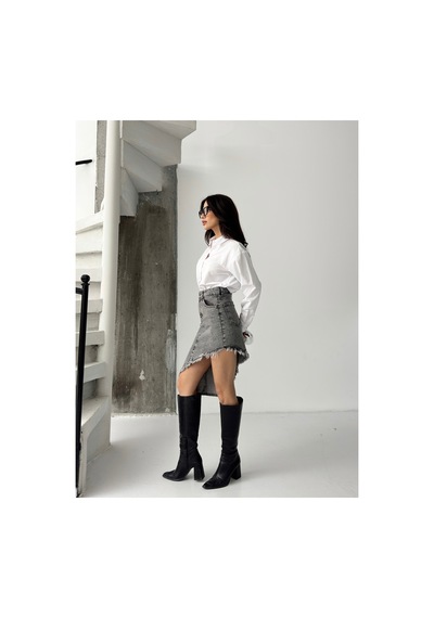 Kene Jeans Kadın Etek Püsküllü Asimetrik Kot Etek Gri