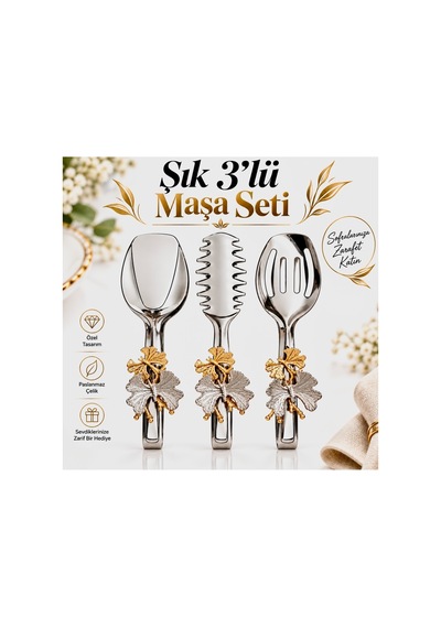 Premium 3 Lü Servis Maşa Seti, Gold Gümüş Detaylı Makarna Salata Pasta Kek Sunum Maşa Seti