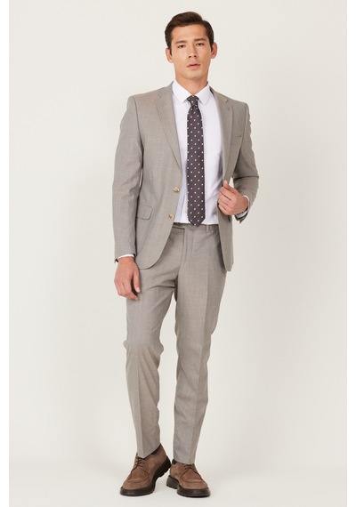 Altınyıldız Classıcs Erkek Bej Ekstra Slim Fit Dar Kesim Mono Yaka Desenli Takım Elbise