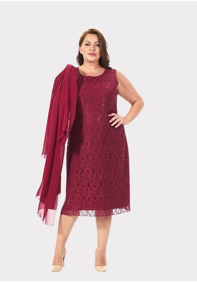 Lilas Xxl Büyük Beden Bordo Renkli Dantelli Dantelli Şifon Ceketli Abiye Elbise