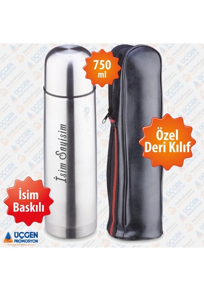 500-750ml Fermuarlı Deri Kılıflı Metalik Gri Termos 750Ml