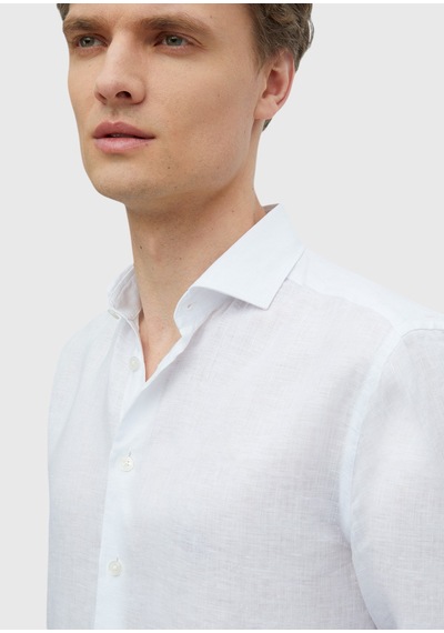 Ramsey Beyaz Düz Casual Fit Uzun Dokuma Casual %100 Keten Gömlek