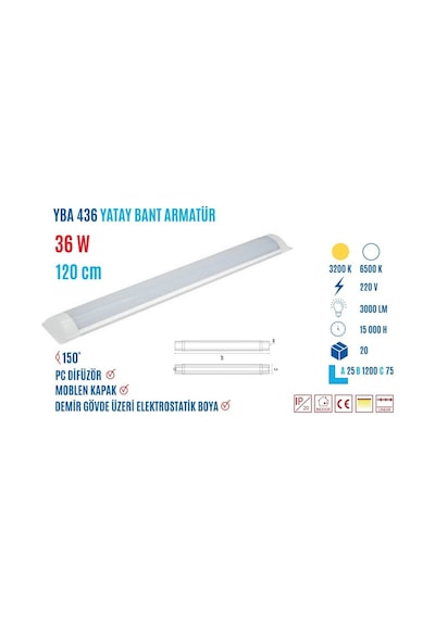 Ycl Yba-436B 36W 120Cm Yatay Bant Armatür Beyaz Siyah