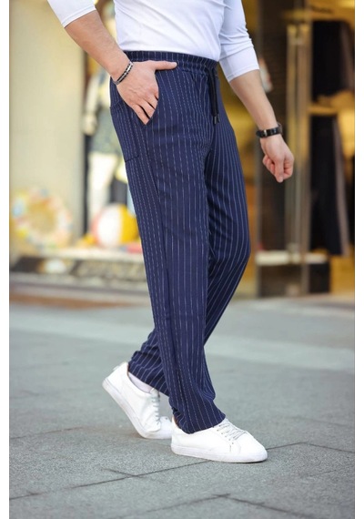Efnaz Style Erkek Cizgili Dokuma Krep Jogger Buggy Pantalon Rahat Kalıp - Lacivert