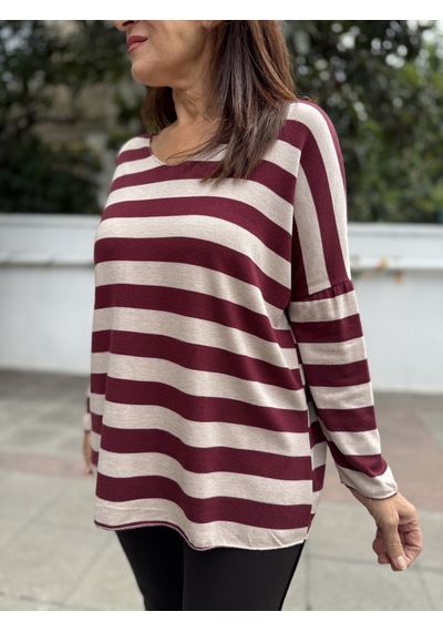 DenizEge İtalyan Yün Angora Çizgili Triko Bordo