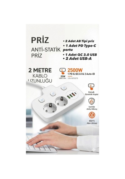 Akım Korumalı 2500w Güçlü 3 Usb + Type-c Portlu Çoklu Priz Hızlı Şarj, Çocuk Kilidi, 2 Metre 0