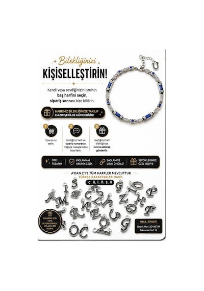 Rodyum Gümüş Kaplama B-101 Kromix Çelik Erkek Bilelik 3+1 Gravürlü Otantik Safir Rengi Zirkon Taşlı Harfli 5 Mm Kalınlık Gümüş