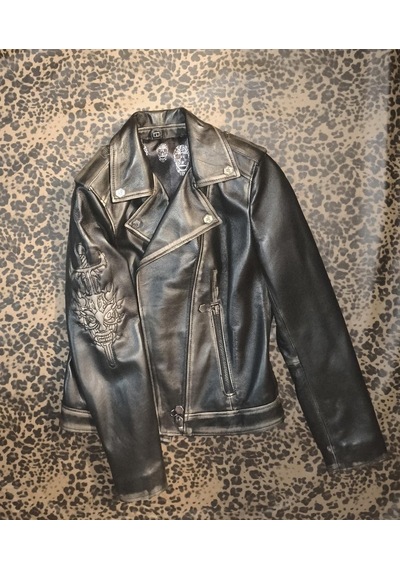 Nyc Giyim Tekstil & Deri Hakiki Deri Kadın Ceket Slim-fit Biker Şeytan Figürlü Mont Siyah - Kahverengi