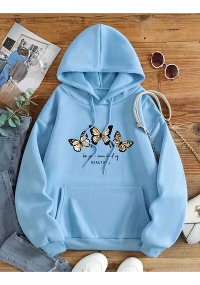 Kozia Outdoors Beautıful 3 Kelebek Baskılı Kapşonlu Sweatshirt Mavi