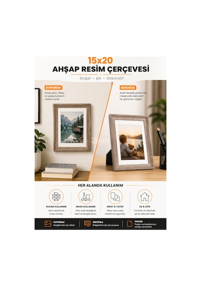 15x20 Ahşap Resim Çerçevesi Masaüstü Ve Duvara Asılabilir Fotoğraf, Poster Ve Sertifika Çerçevesi Doğal Ahşap Görünümlü