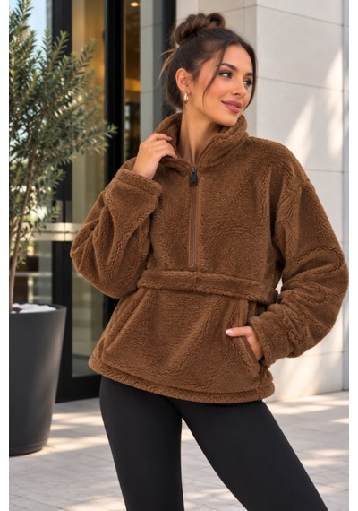 Butik İstanbul Kadın Yarım Fermuarlı Kanguru Cepli Peluş Wellsoft Sweatshirt Kahverengi Butik İstanbul Kadın Yarım Fermuarlı Kanguru Cepli Peluş Wellsoft Sweatshirt Kahverengi