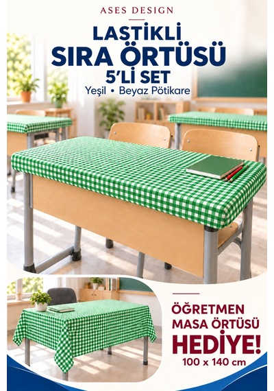 Yeşil Beyaz 5'li Lastikli Sıra Örtüsü, 100x140 Cm Öğretmen Masa Örtüsü Hediye